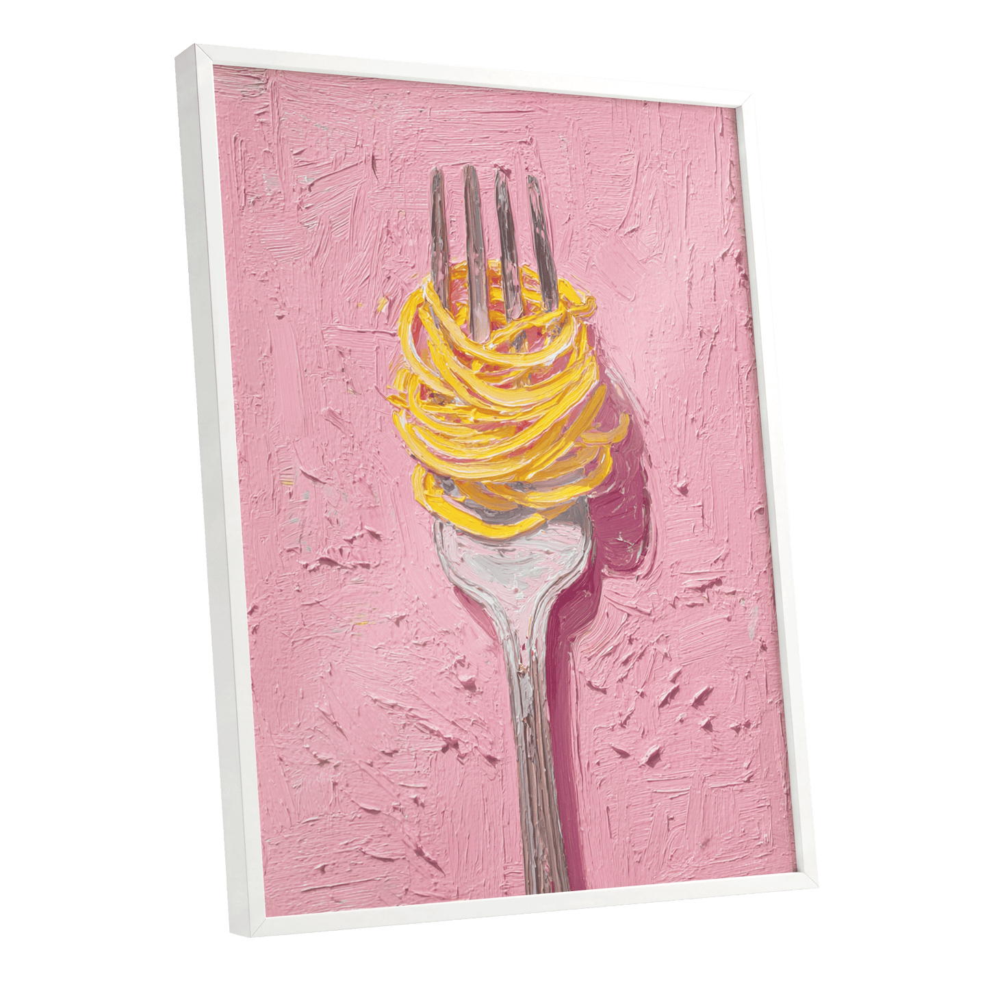 Golden Forkful, pink, yellow, gray minimalist wall art shown as a white framed poster wall art print