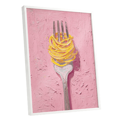 Golden Forkful, pink, yellow, gray minimalist wall art shown as a white framed poster wall art print
