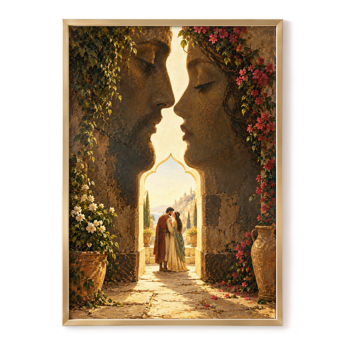 Golden Gateway Embrace, gold, brown, green abstract wall art, front artwork view