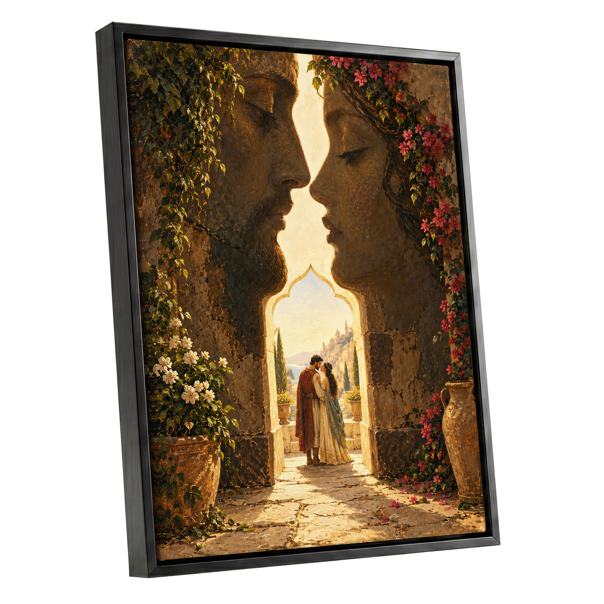 Golden Gateway Embrace, gold, brown, green abstract wall art shown as a black framed canvas wall art