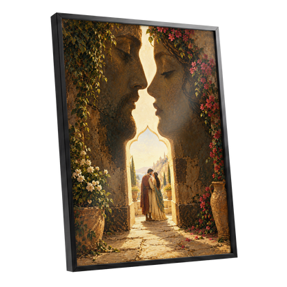 Golden Gateway Embrace, gold, brown, green abstract wall art shown as a black framed poster wall art print