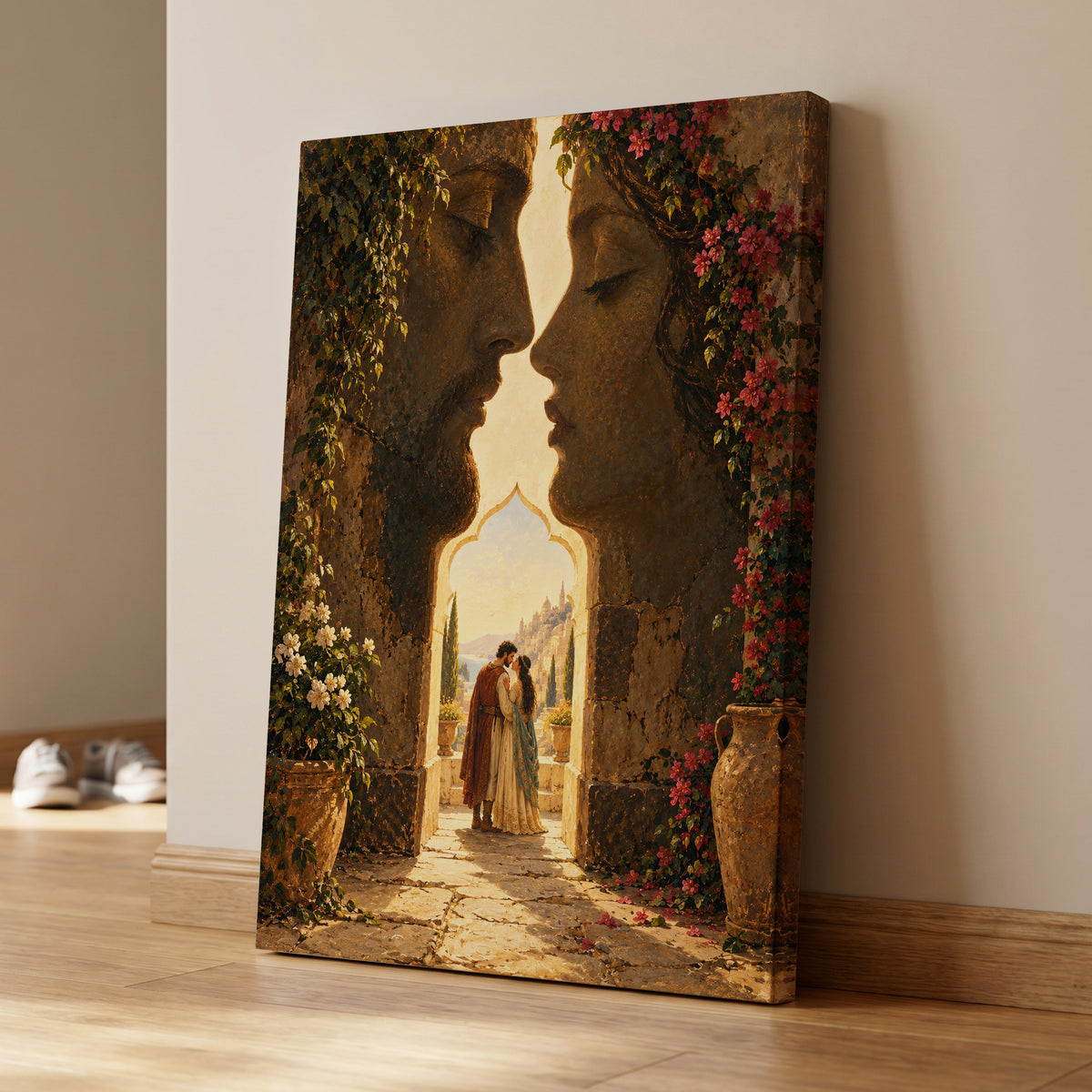 Golden Gateway Embrace, gold, brown, green abstract wall art on canvas displayed in a styled interior, gallery view 1