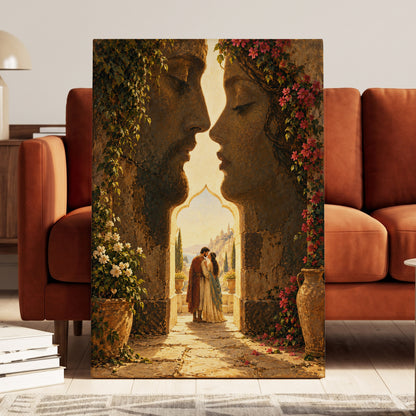 Golden Gateway Embrace, gold, brown, green abstract wall art on canvas displayed in a styled interior, gallery view 2
