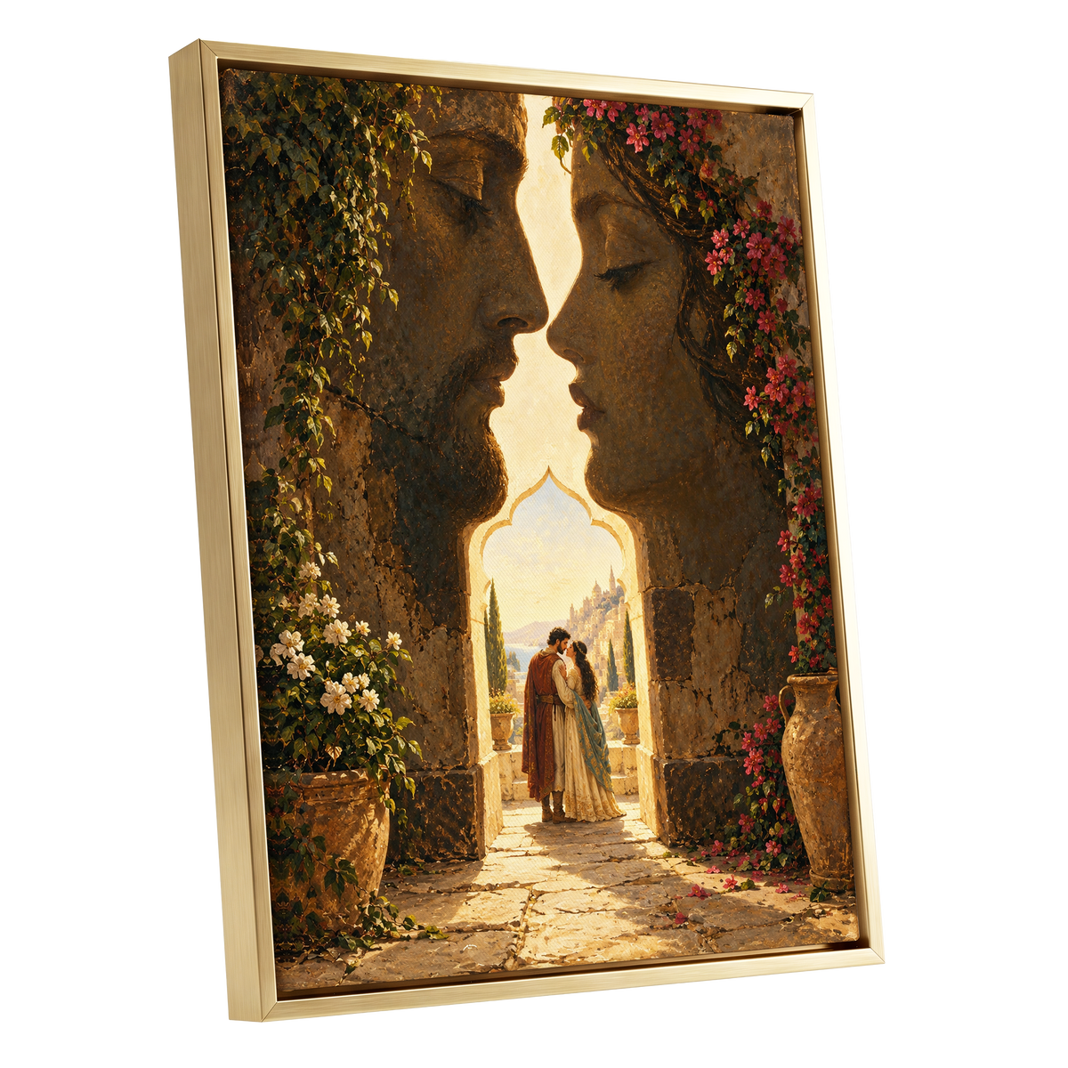 Golden Gateway Embrace, gold, brown, green abstract wall art shown as a gold framed canvas wall art