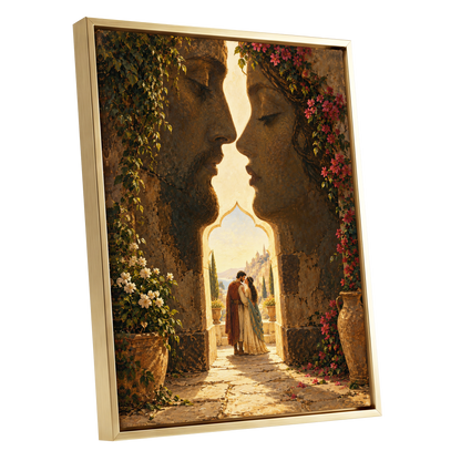 Golden Gateway Embrace, gold, brown, green abstract wall art shown as a gold framed canvas wall art