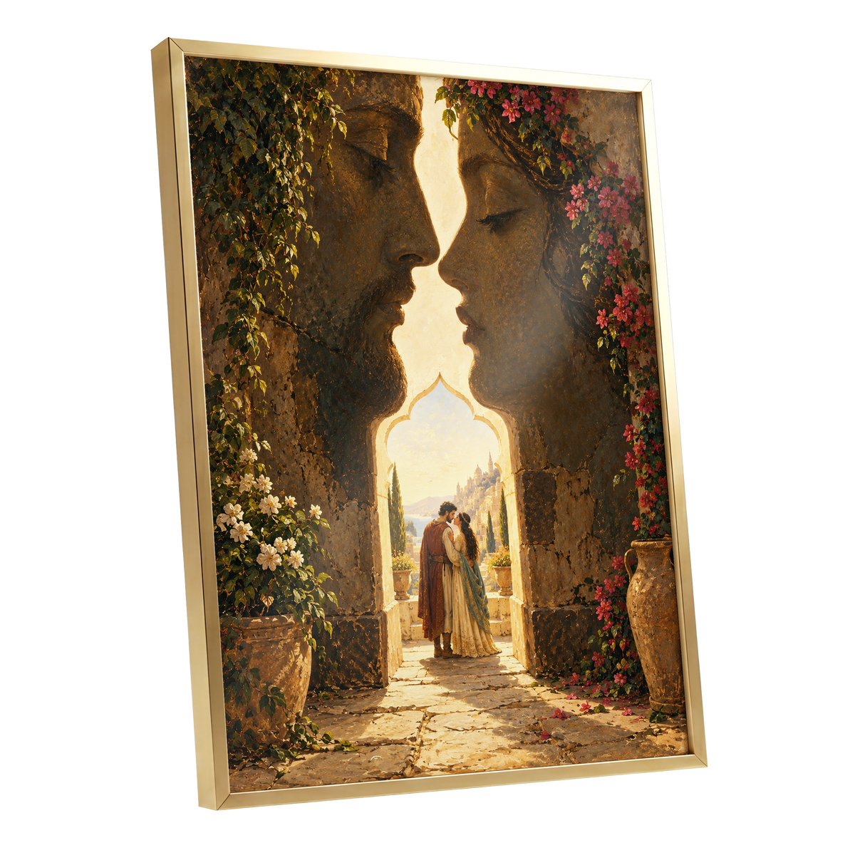 Golden Gateway Embrace, gold, brown, green abstract wall art shown as a gold framed poster wall art print
