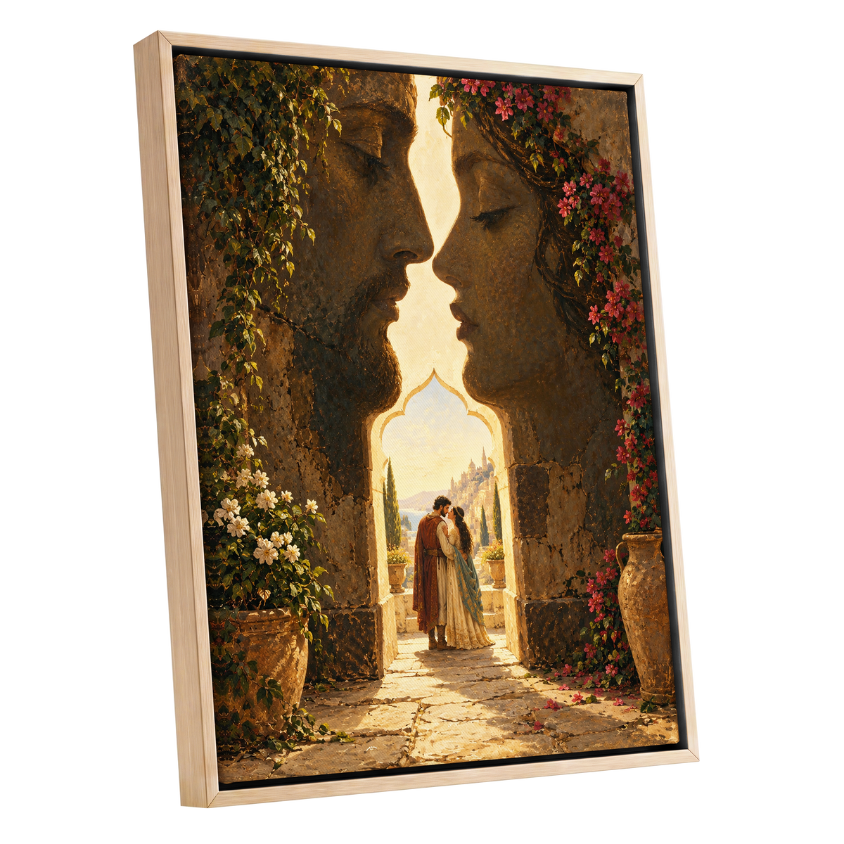 Golden Gateway Embrace, gold, brown, green abstract wall art shown as a oak framed canvas wall art