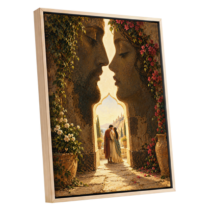 Golden Gateway Embrace, gold, brown, green abstract wall art shown as a oak framed canvas wall art