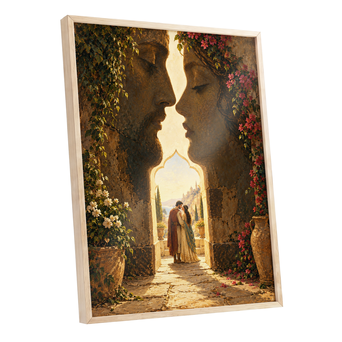Golden Gateway Embrace, gold, brown, green abstract wall art shown as a oak framed poster wall art print