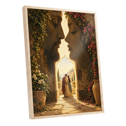 Golden Gateway Embrace, gold, brown, green abstract wall art shown as a oak framed poster wall art print