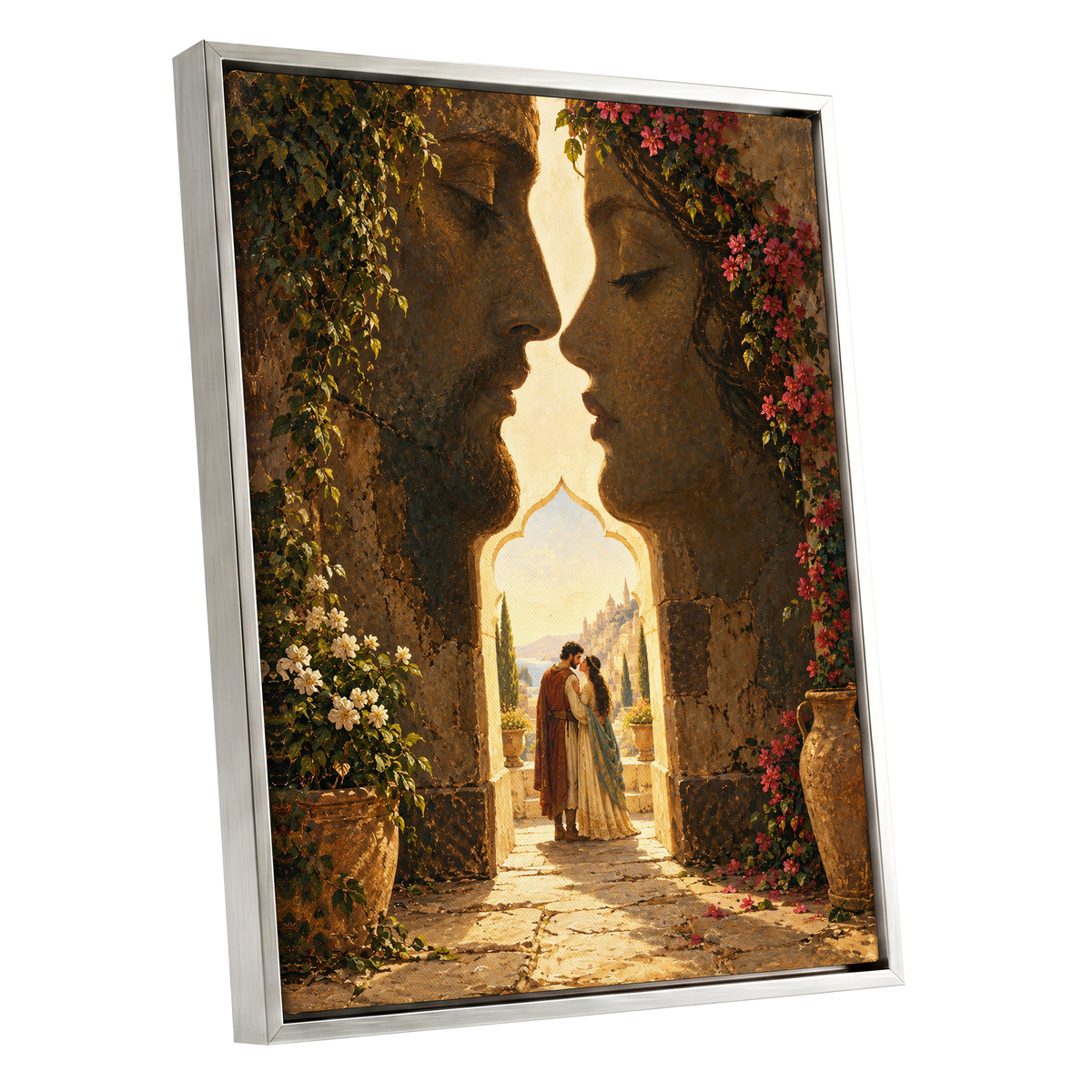 Golden Gateway Embrace, gold, brown, green abstract wall art shown as a silver framed canvas wall art