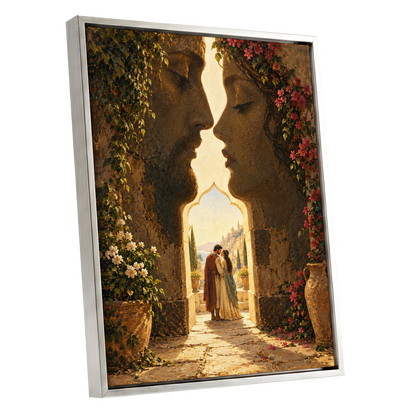 Golden Gateway Embrace, gold, brown, green abstract wall art shown as a silver framed canvas wall art