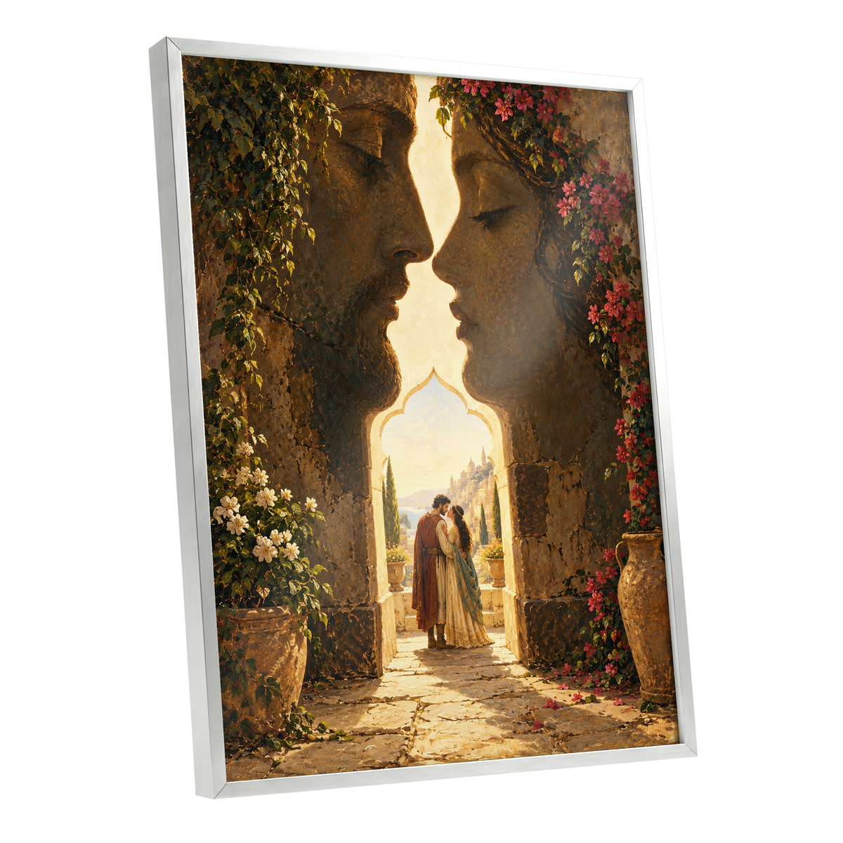 Golden Gateway Embrace, gold, brown, green abstract wall art shown as a silver framed poster wall art print