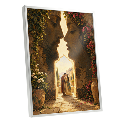 Golden Gateway Embrace, gold, brown, green abstract wall art shown as a silver framed poster wall art print