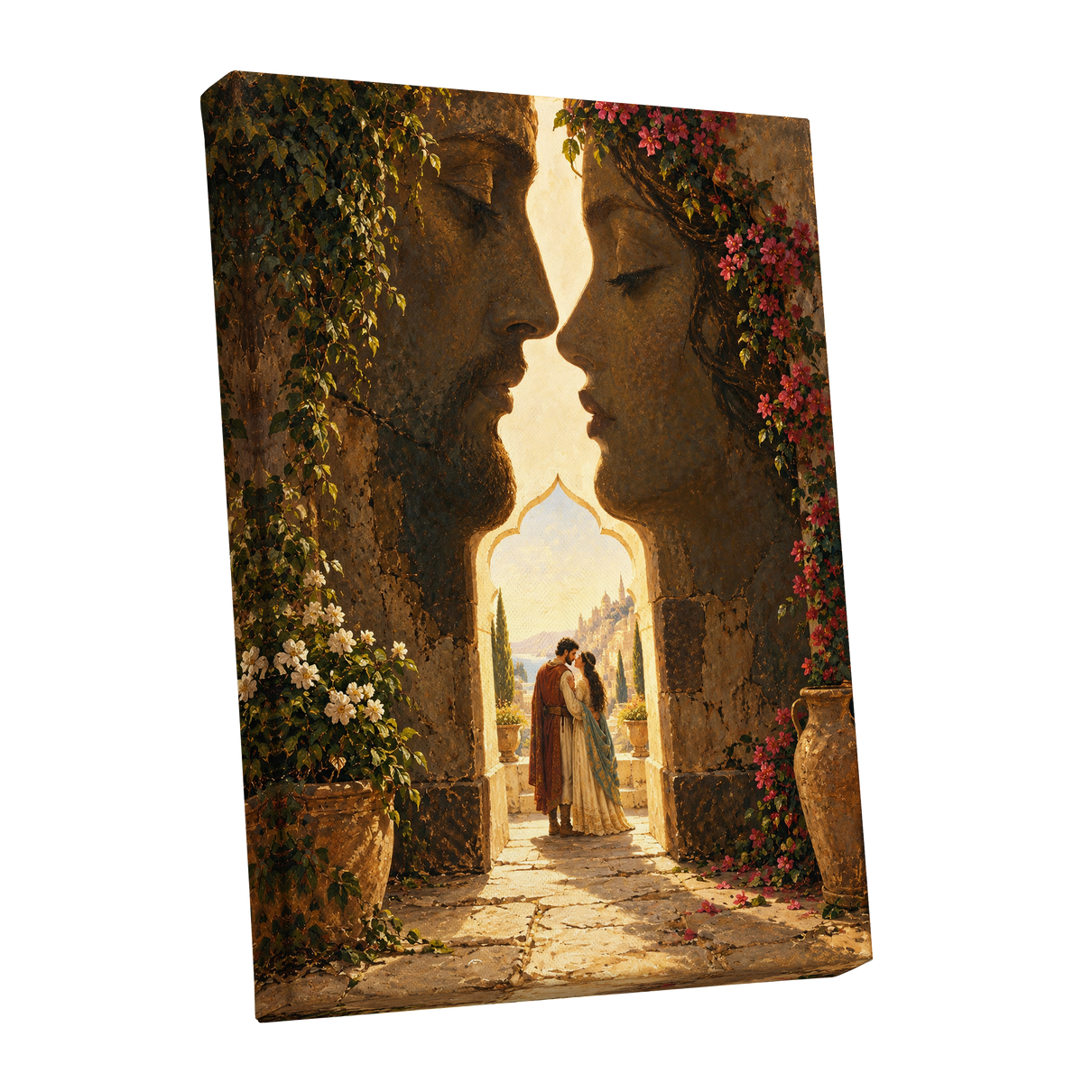 Golden Gateway Embrace, gold, brown, green abstract wall art shown as a stretched canvas wall art