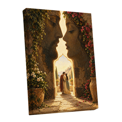 Golden Gateway Embrace, gold, brown, green abstract wall art shown as a stretched canvas wall art