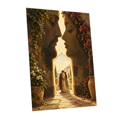 Golden Gateway Embrace, gold, brown, green abstract wall art shown as a unframed poster wall art print
