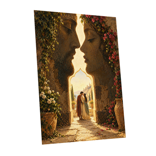 Golden Gateway Embrace, gold, brown, green abstract wall art shown as a unframed poster wall art print