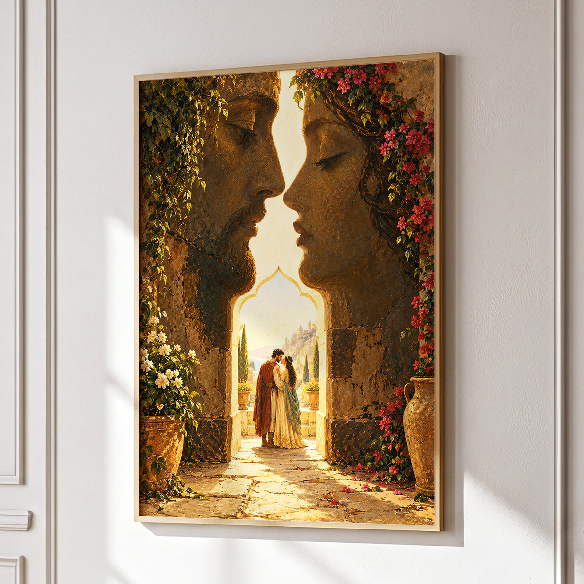 Golden Gateway Embrace, gold, brown, green abstract wall art displayed in a styled interior, gallery view 1