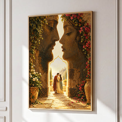Golden Gateway Embrace, gold, brown, green abstract wall art displayed in a styled interior, gallery view 1