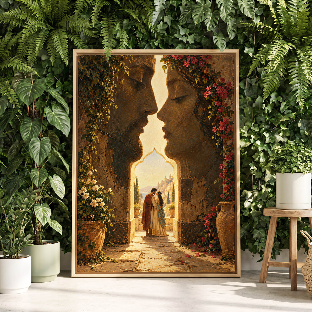 Golden Gateway Embrace, gold, brown, green abstract wall art displayed in a styled interior, gallery view 2