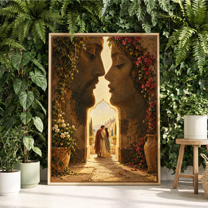 Golden Gateway Embrace, gold, brown, green abstract wall art displayed in a styled interior, gallery view 2