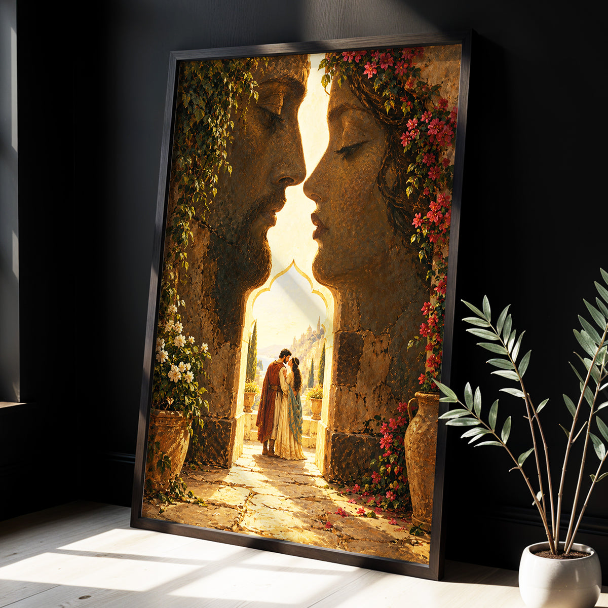 Golden Gateway Embrace, gold, brown, green abstract wall art displayed in a styled interior, gallery view 3