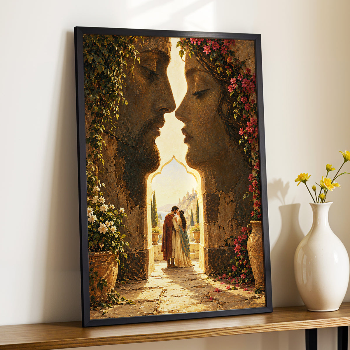 Golden Gateway Embrace, gold, brown, green abstract wall art displayed in a styled interior, gallery view 4