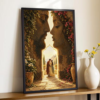 Golden Gateway Embrace, gold, brown, green abstract wall art displayed in a styled interior, gallery view 4