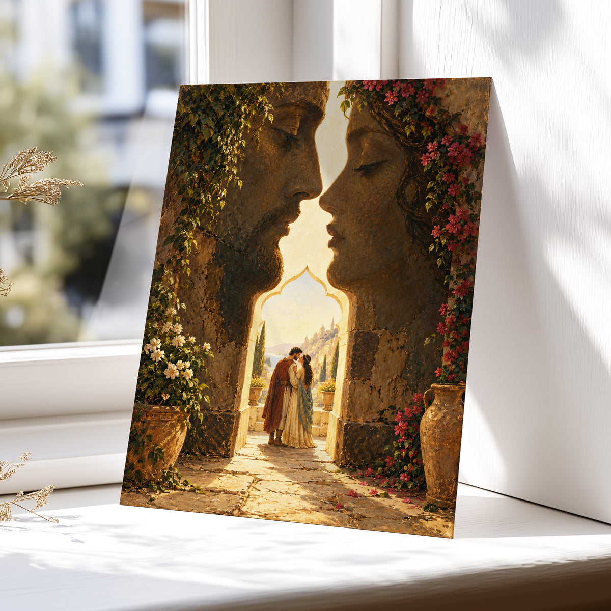 Golden Gateway Embrace, gold, brown, green abstract wall art displayed in a styled interior, gallery view 5