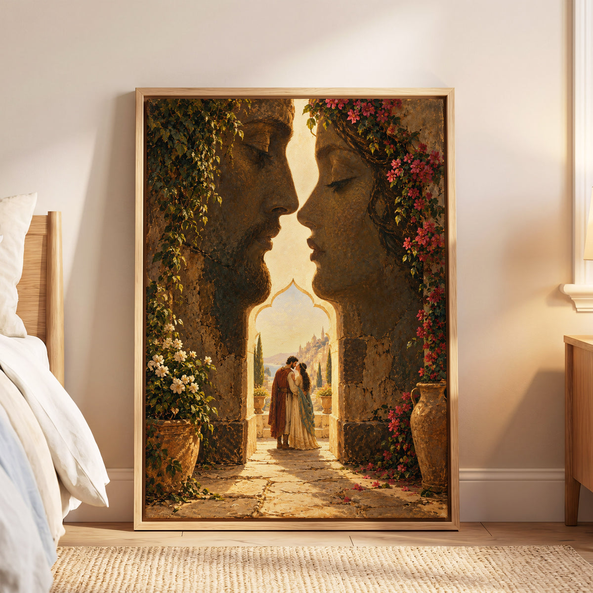 Golden Gateway Embrace, gold, brown, green abstract wall art displayed in a styled interior, gallery view 6