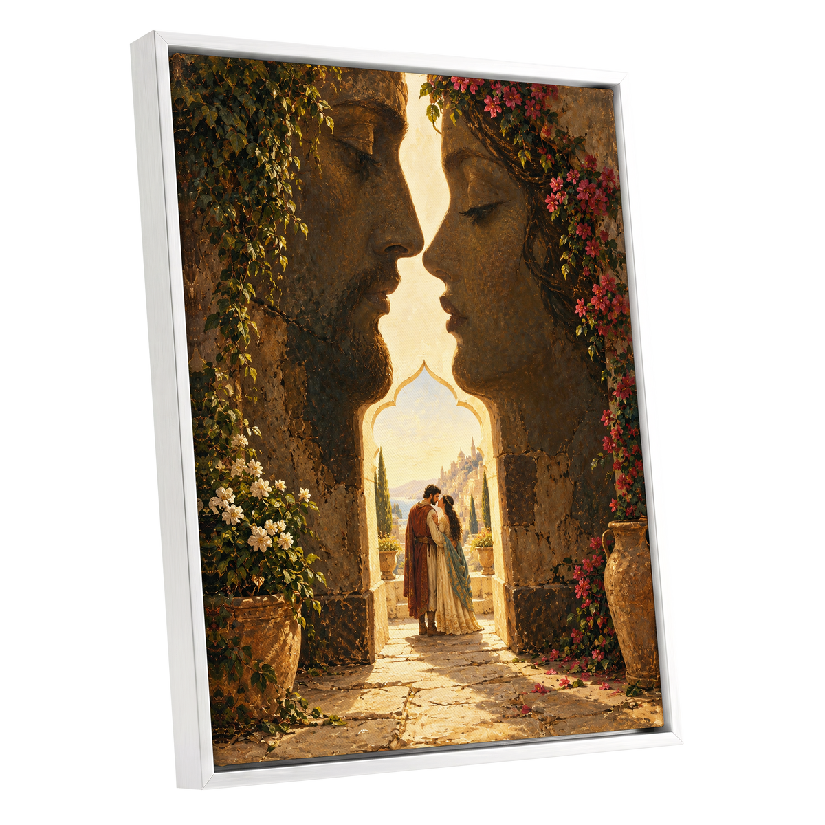 Golden Gateway Embrace, gold, brown, green abstract wall art shown as a white framed canvas wall art