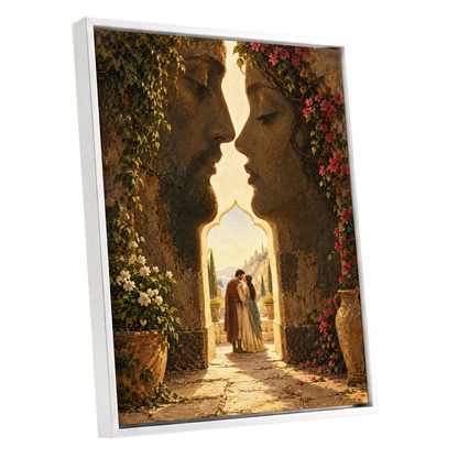 Golden Gateway Embrace, gold, brown, green abstract wall art shown as a white framed canvas wall art