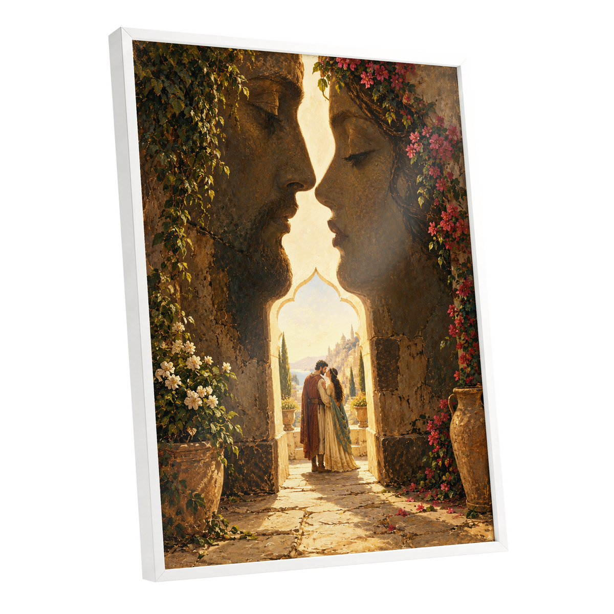 Golden Gateway Embrace, gold, brown, green abstract wall art shown as a white framed poster wall art print