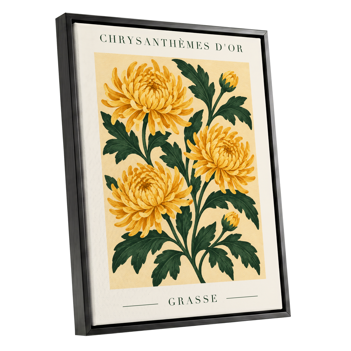 Golden Grasse Blooms, yellow, gold, green floral wall art shown as a black framed canvas wall art