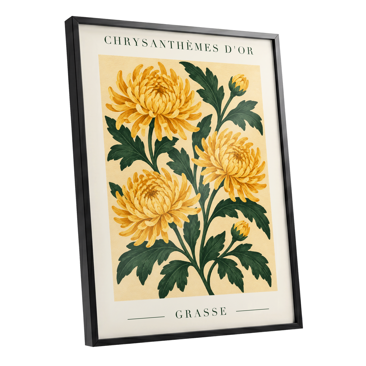 Golden Grasse Blooms, yellow, gold, green floral wall art shown as a black framed poster wall art print