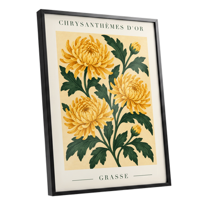 Golden Grasse Blooms, yellow, gold, green floral wall art shown as a black framed poster wall art print