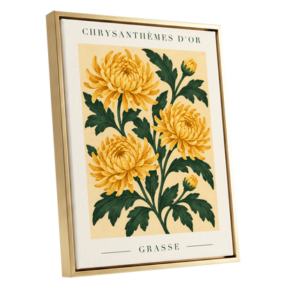 Golden Grasse Blooms, yellow, gold, green floral wall art shown as a gold framed canvas wall art