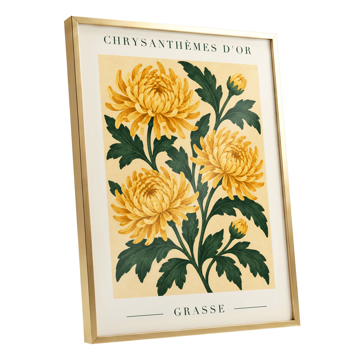 Golden Grasse Blooms, yellow, gold, green floral wall art shown as a gold framed poster wall art print