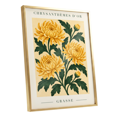 Golden Grasse Blooms, yellow, gold, green floral wall art shown as a gold framed poster wall art print