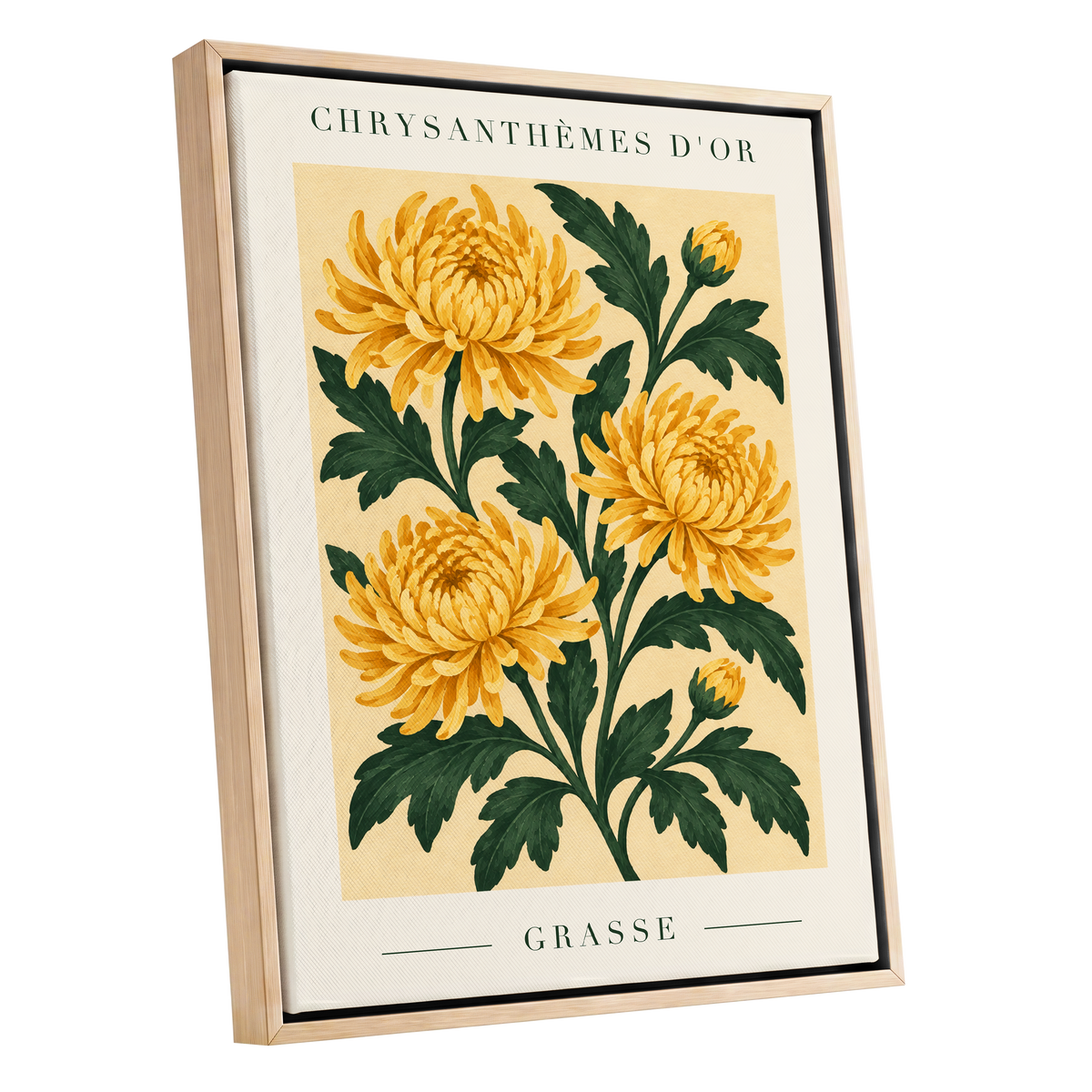 Golden Grasse Blooms, yellow, gold, green floral wall art shown as a oak framed canvas wall art