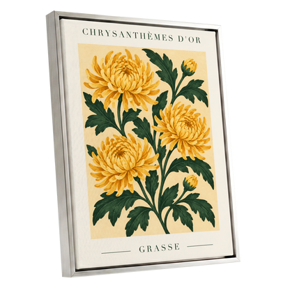 Golden Grasse Blooms, yellow, gold, green floral wall art shown as a silver framed canvas wall art
