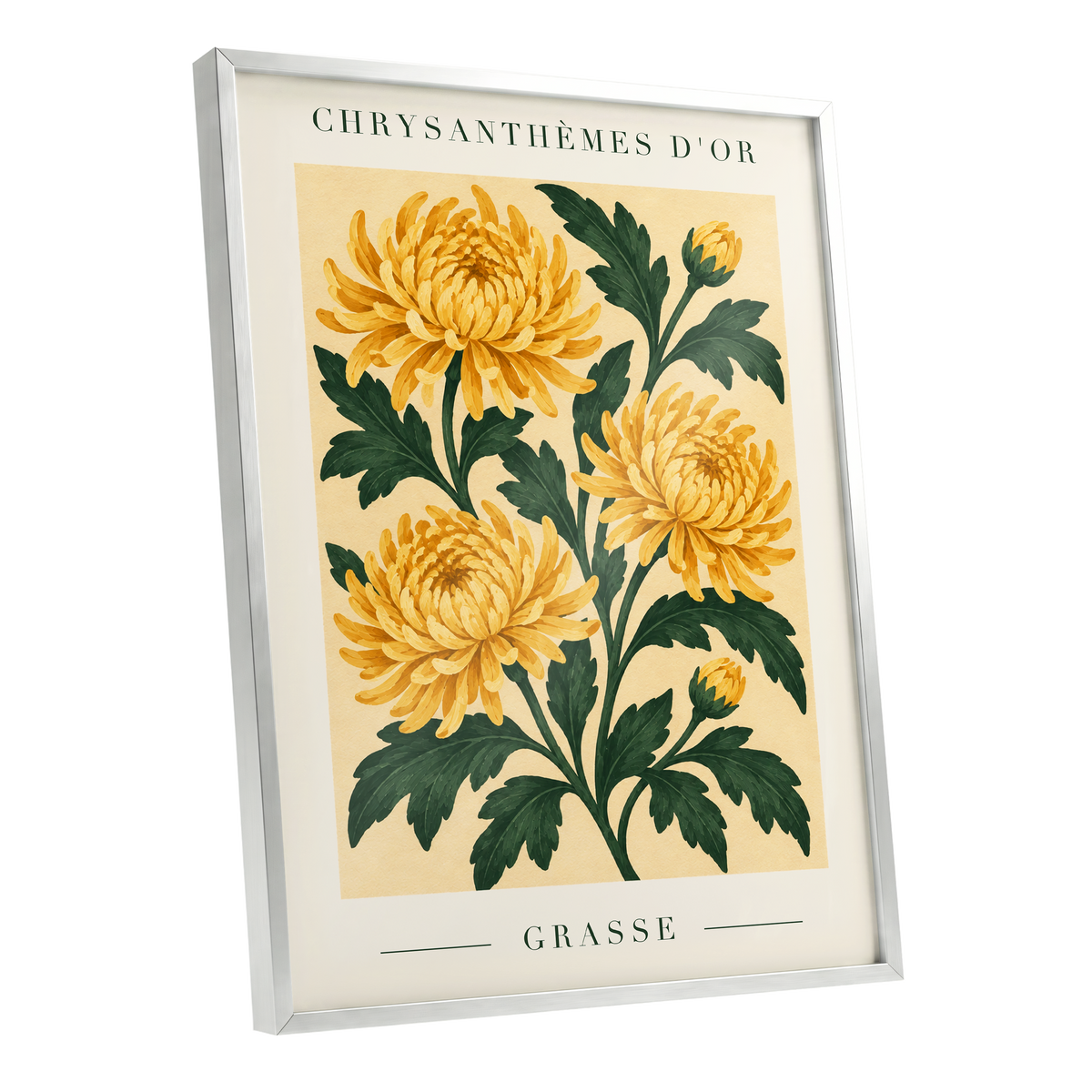 Golden Grasse Blooms, yellow, gold, green floral wall art shown as a silver framed poster wall art print