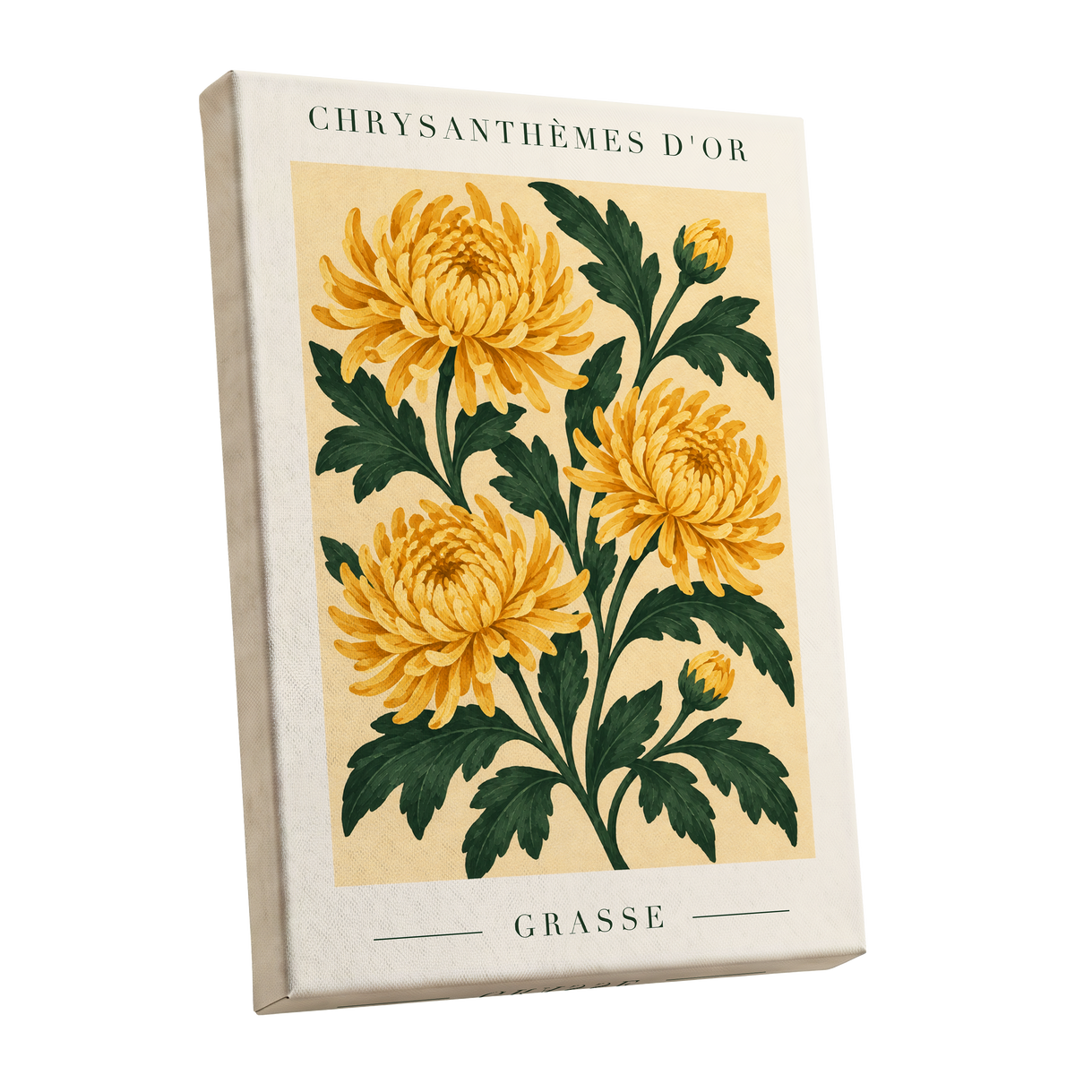 Golden Grasse Blooms, yellow, gold, green floral wall art shown as a stretched canvas wall art