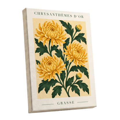 Golden Grasse Blooms, yellow, gold, green floral wall art shown as a stretched canvas wall art