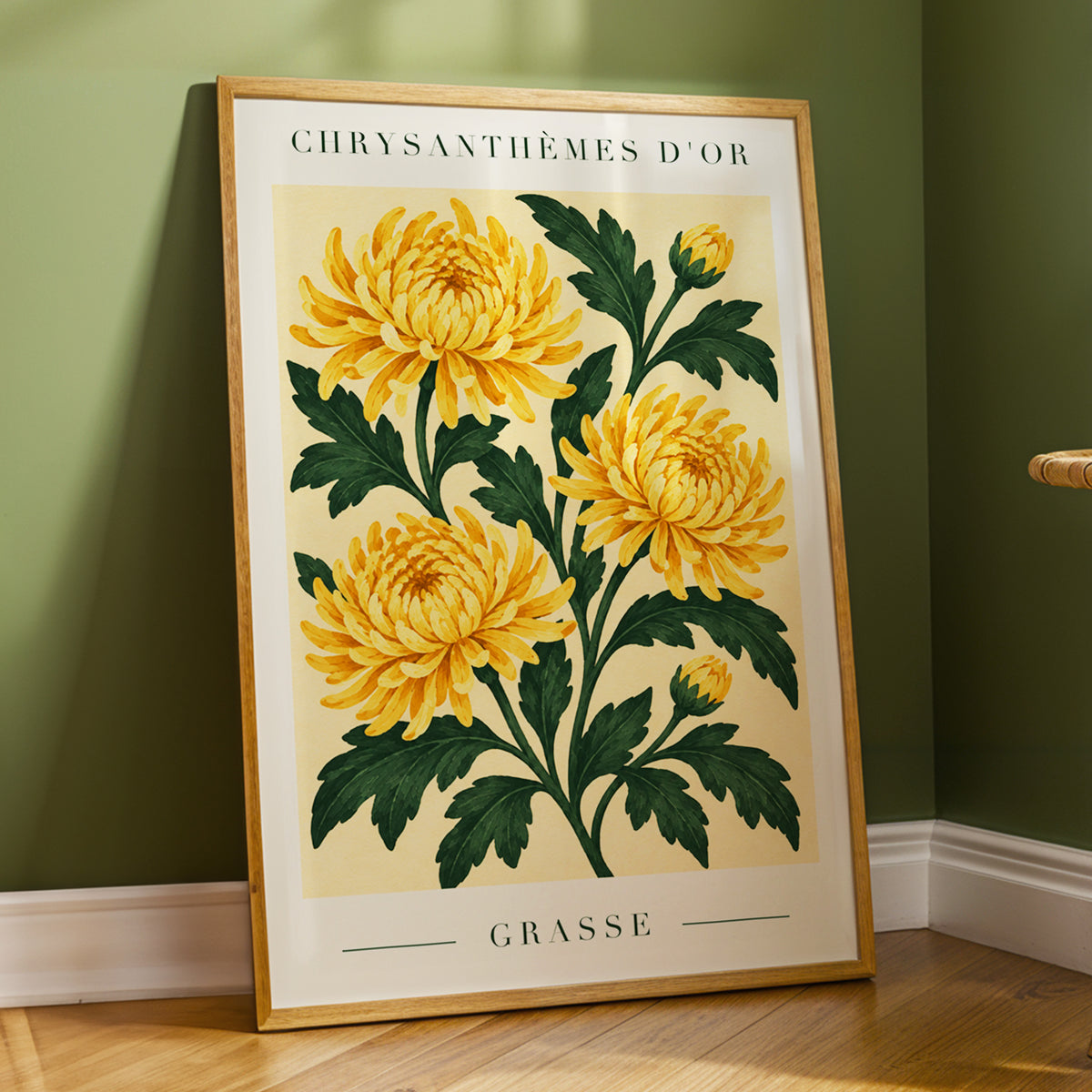 Golden Grasse Blooms, yellow, gold, green floral wall art displayed in a styled interior, gallery view 2