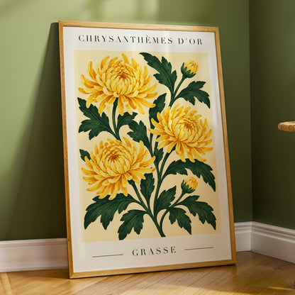 Golden Grasse Blooms, yellow, gold, green floral wall art displayed in a styled interior, gallery view 2
