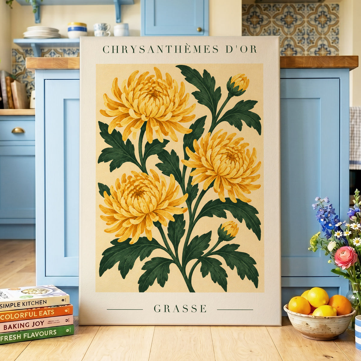 Golden Grasse Blooms, yellow, gold, green floral wall art displayed in a styled interior, gallery view 3