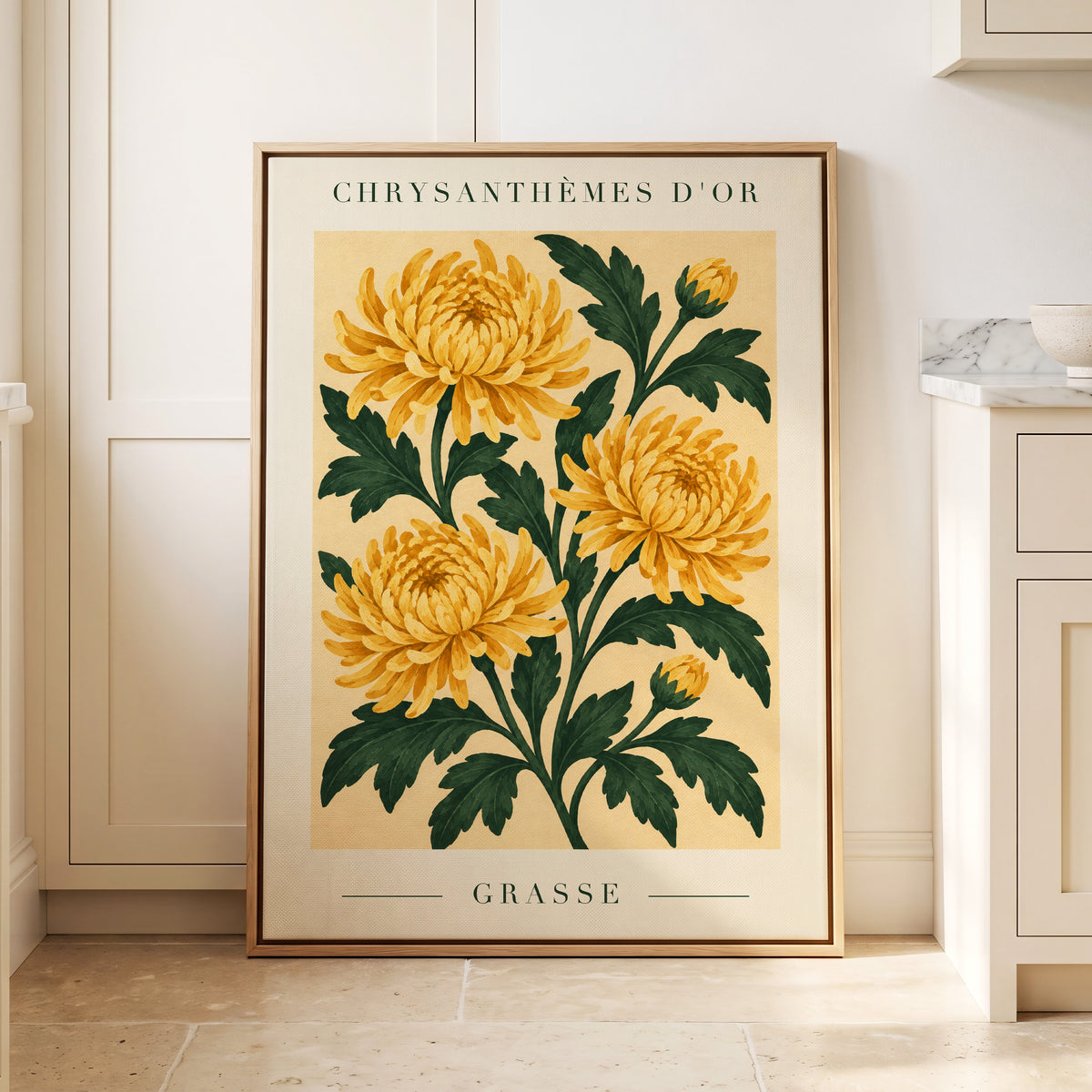 Golden Grasse Blooms, yellow, gold, green floral wall art displayed in a styled interior, gallery view 4