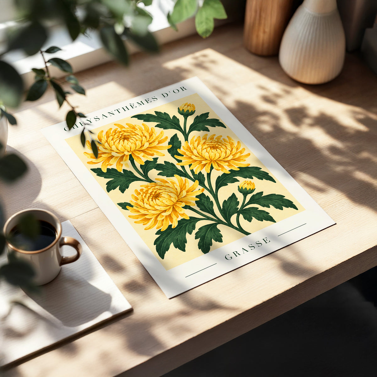 Golden Grasse Blooms, yellow, gold, green floral wall art displayed in a styled interior, gallery view 5